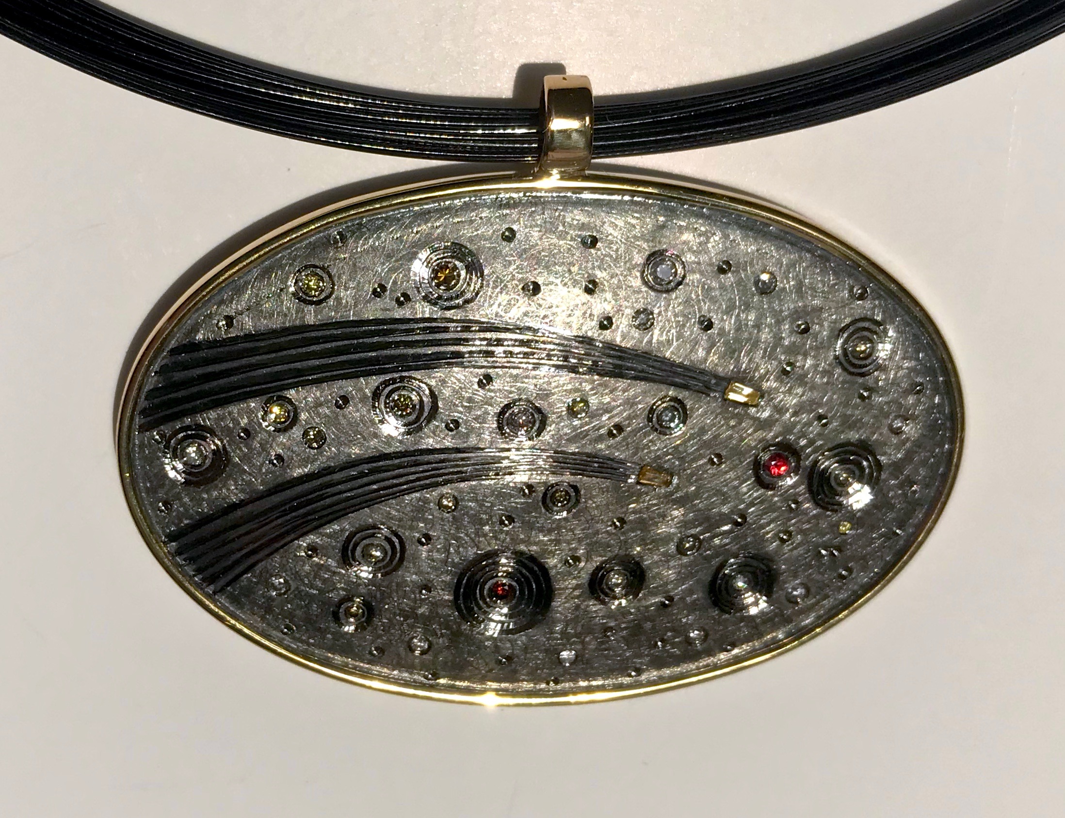 <a href="/node/290">Two Comets. Recent Commission 50 th wedding anniversary / pendent drop 18ct gold / Silver / hand engraved / set with various coloured diamonds /finished in black Rhodium plate</a>